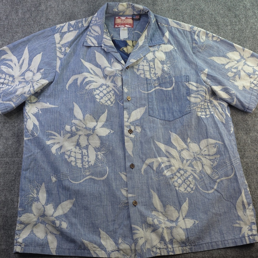 RJC Hawaiian Shirt XL Blue Floral‎ Camp Short Sleeve 100% Cotton Beach